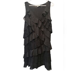 Loft Black Ruffled Layered Tiered Sleeveless V- neck Midi Dress L